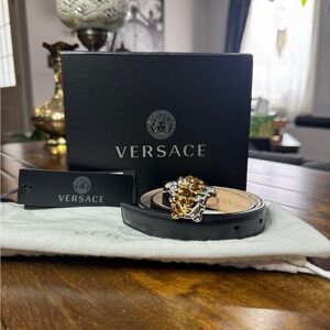 Versace Black Leather Belt with Gold Medusa Buckle